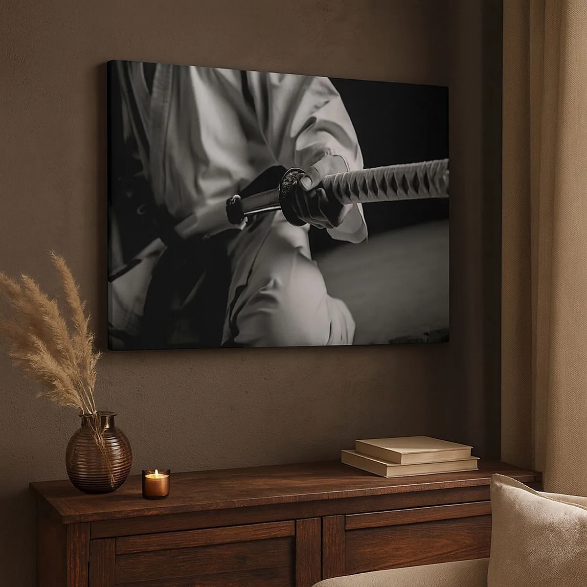 Bild auf Leinwand - Leinwandbild - Ein Samurai im Kimono hält ein Katana in Schwarz und Weiß. - 70x50cm - Kriegerseele - Moderne Wanddekoration für Wohnzimmer und Schlafzimmer ARTTOR