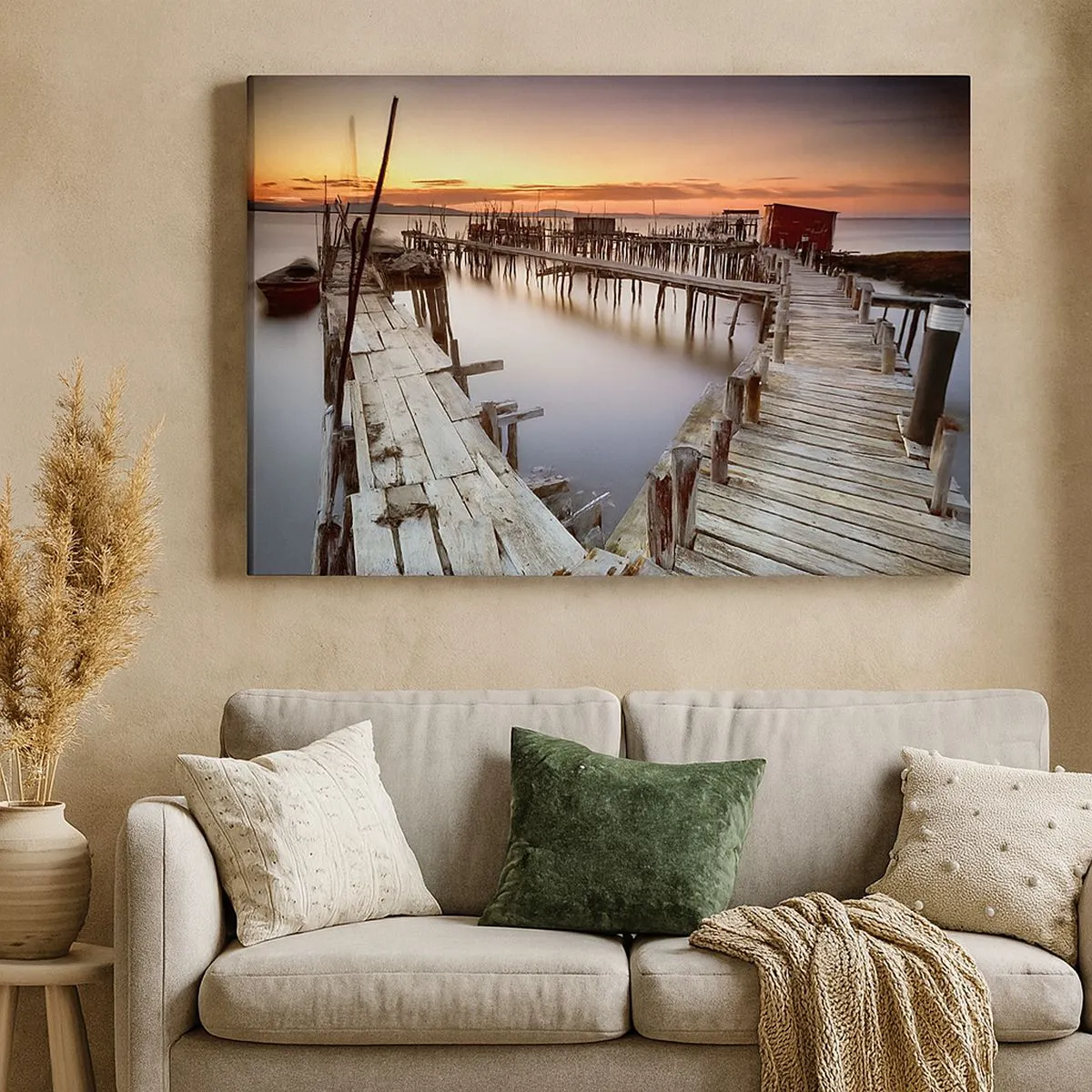 Quadro em tela - Cais de madeira em águas calmas ao pôr do sol - 70x50cm - Turismo autêntico, não fictício - Decoração de parede moderna para a sala de estar e quarto ARTTOR