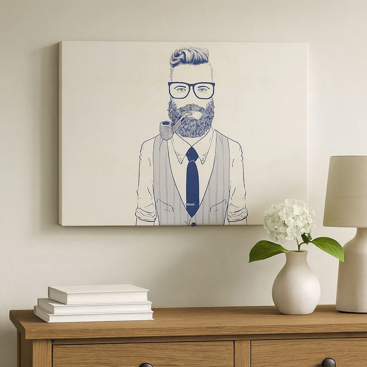 Quadro em tela - Homem estilizado com barba, cachimbo e óculos - 70x50cm - Alegre, masculino e elegante - Decoração de parede moderna para a sala de estar e quarto ARTTOR