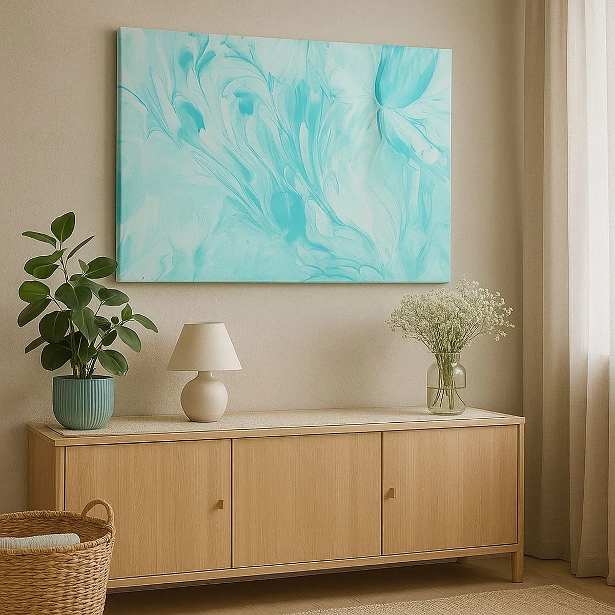 Impression sur toile - Image sur toile - Un motif abstrait dans des tons pastel de bleu et de blanc. - 70x50cm - Ensemble pour toujours - Décoration murale moderne pour le salon et la chambre ARTTOR