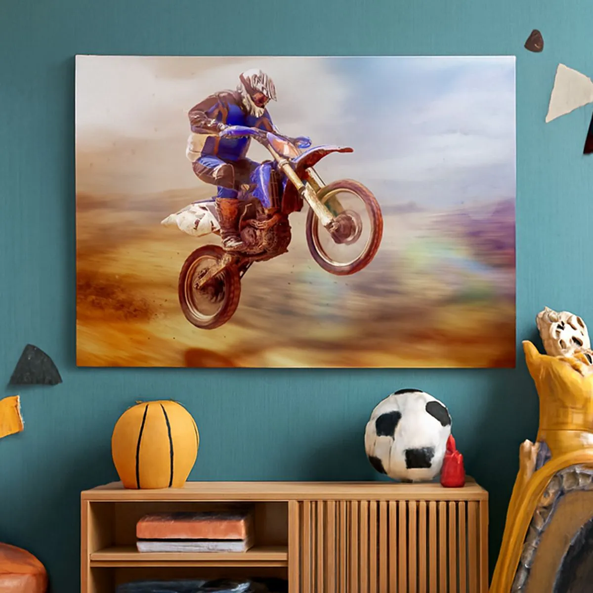 Canvastavla - Bild på duk - En motorcyklist i flykt under en dynamisk terrängkörning - 70x50cm - Motorcykelyrsel - Modern väggdekoration för vardagsrum och sovrum ARTTOR