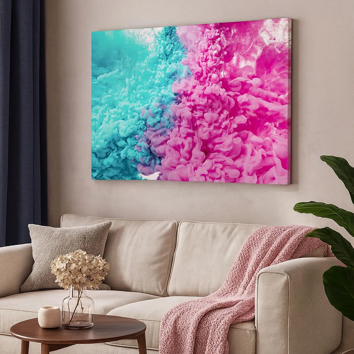 Tablou pe pânză Canvas - Valuri colorate de turcoaz și roz într-o formă abstractă - 70x50cm - O ciocnire decisivă - Decorațiune modernă pentru perete pentru living și dormitor ARTTOR
