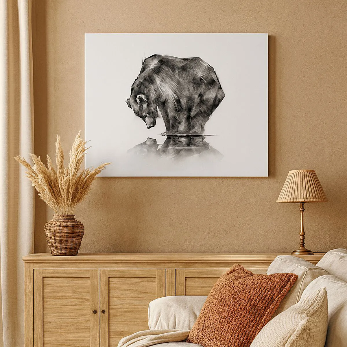 Quadro em tela - Um desenho de um urso em estilo minimalista - 70x50cm - É bom ver alguém próximo - Decoração de parede moderna para a sala de estar e quarto ARTTOR