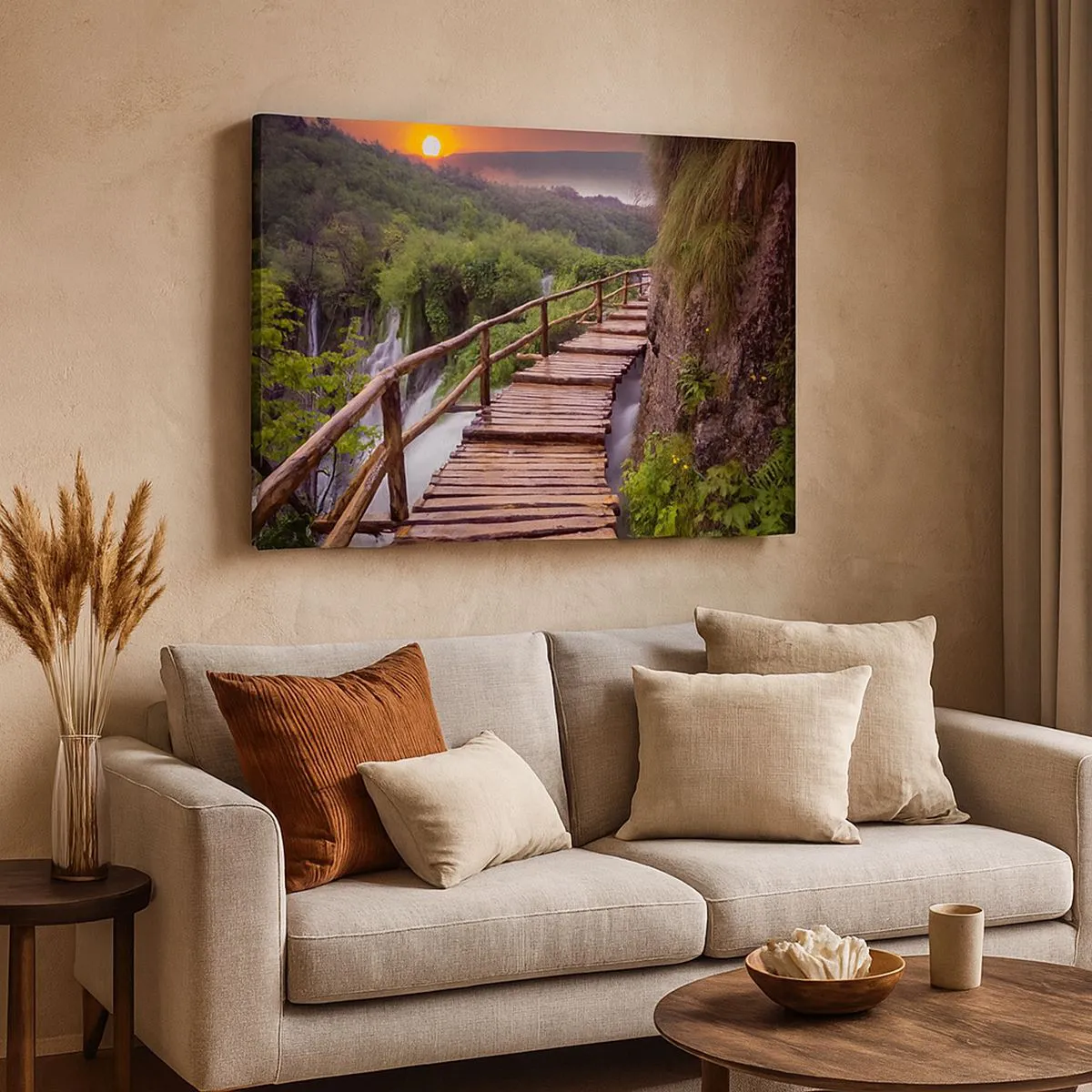 Quadro su tela - Stampe su Tela - Un ponte che domina le cascate al tramonto - 70x50cm - Una bellezza incredibile - Decorazione murale moderna per soggiorno e camera da letto ARTTOR