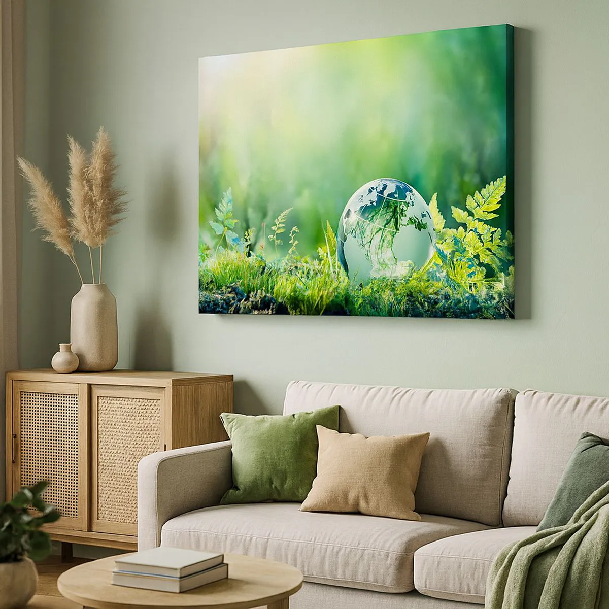 Cuadro sobre lienzo - Impresión de Imagen - Un globo de cristal entre el verdor de la naturaleza. - 70x50cm - Planeta verde - Decoración de pared moderna para salón y dormitorio ARTTOR