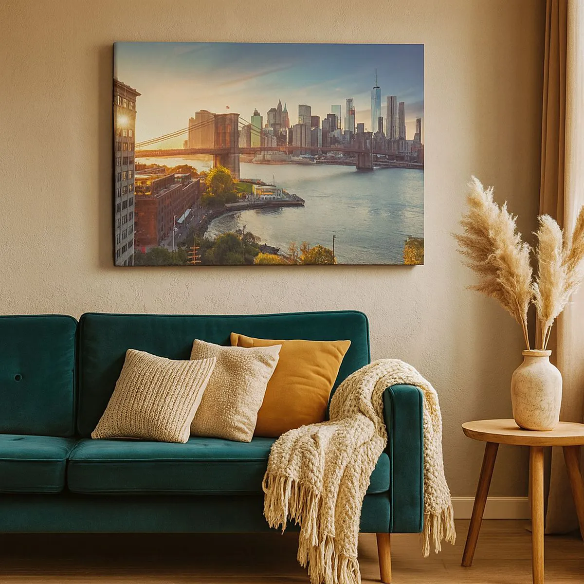 Quadro em tela - Panorama da cidade com a ponte ao pôr do sol - 70x50cm - O amanhecer da cidade grande - Decoração de parede moderna para a sala de estar e quarto ARTTOR