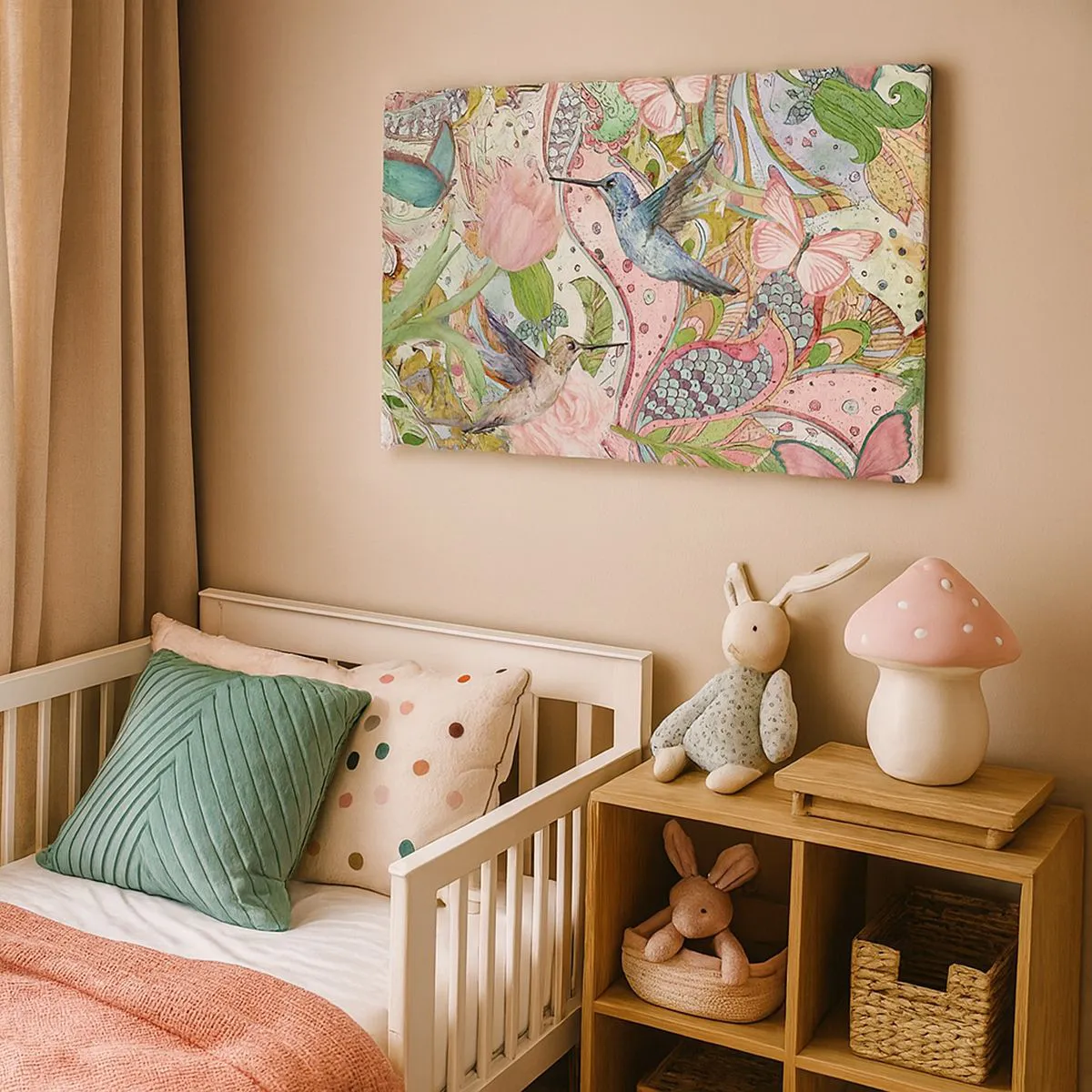 Bild auf Leinwand - Leinwandbild - Bunte Kolibris und Schmetterlinge zwischen den Pflanzen - 70x50cm - Verstrickt in Weinreben - Moderne Wanddekoration für Wohnzimmer und Schlafzimmer ARTTOR