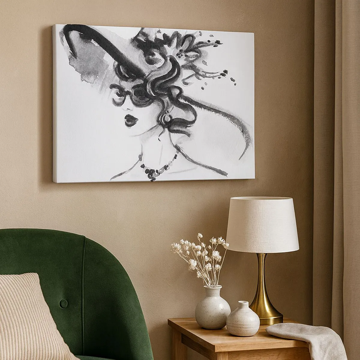 Quadro em tela - Mulher elegante com um chapéu em estilo preto e branco - 70x50cm - Uma dama com caráter - Decoração de parede moderna para a sala de estar e quarto ARTTOR
