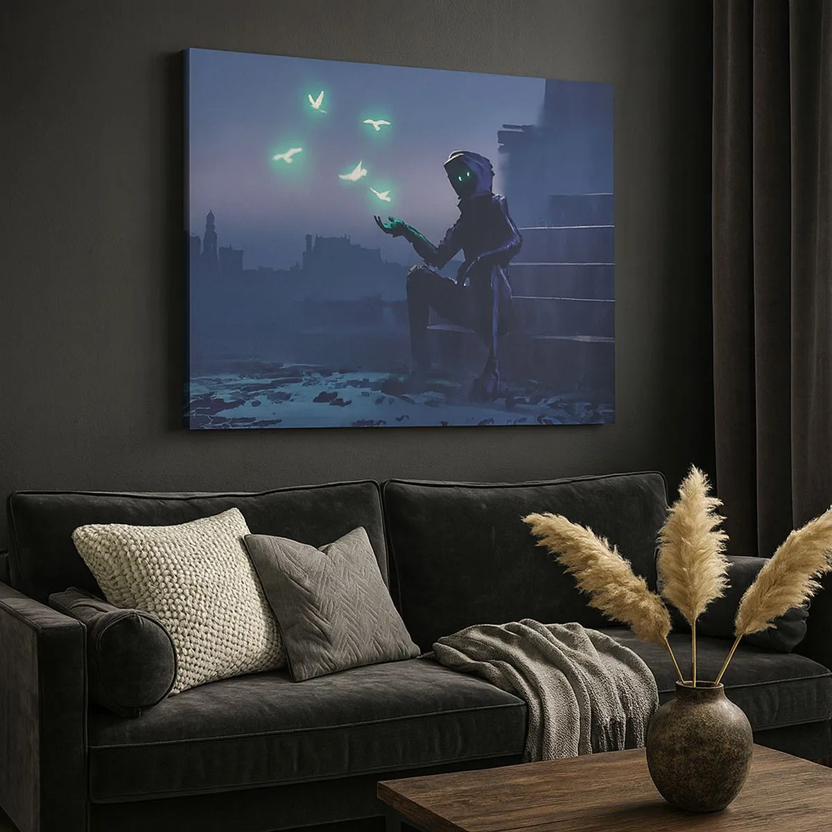 Impression sur toile - Image sur toile - Une silhouette encapuchonnée avec des oiseaux magiques en arrière-plan d'une ville - 70x50cm - La vie reviendra - Décoration murale moderne pour le salon et la chambre ARTTOR