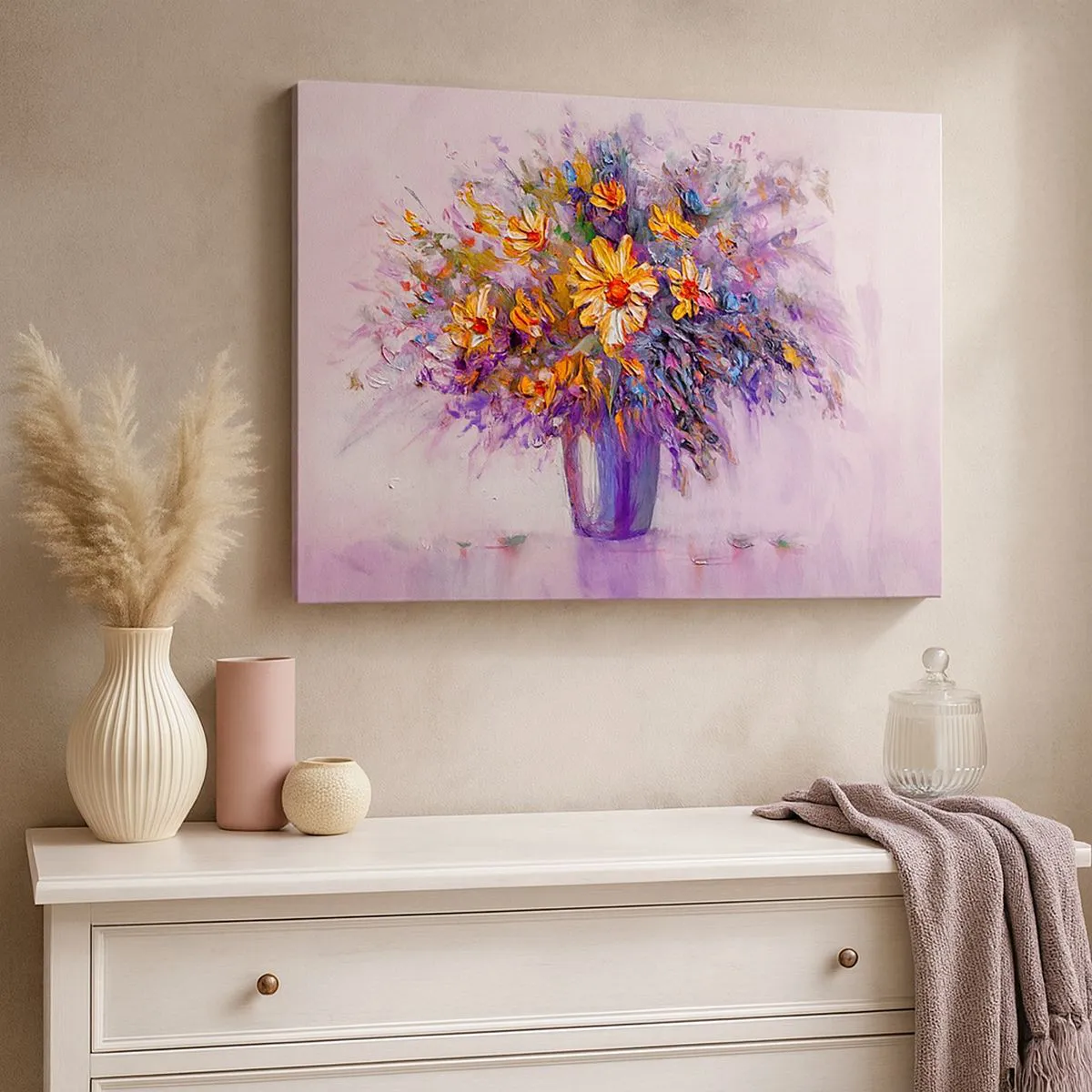 Schilderen op canvas - Een boeket bloemen in een vaas op een pastelkleurige achtergrond - 70x50cm - Het ruikt zoet, ziet er zoet uit - Moderne wanddecoratie voor woonkamer en slaapkamer ARTTOR