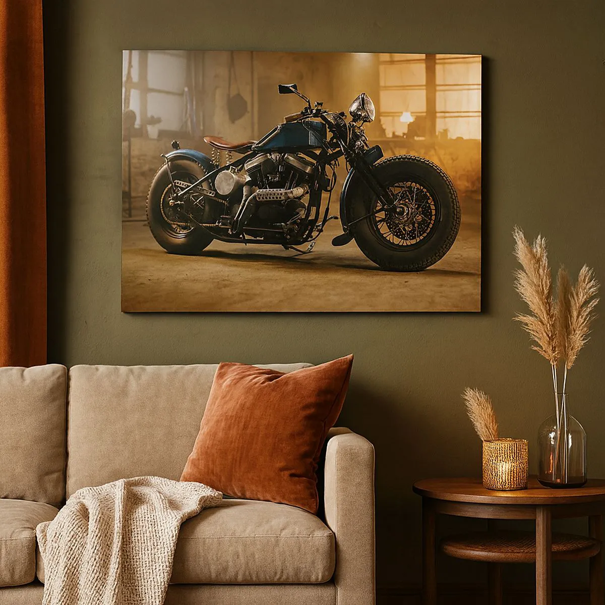 Quadro em tela - Uma motocicleta estilosa em um interior industrial com iluminação aconchegante - 70x50cm - Tudo posso - Decoração de parede moderna para a sala de estar e quarto ARTTOR