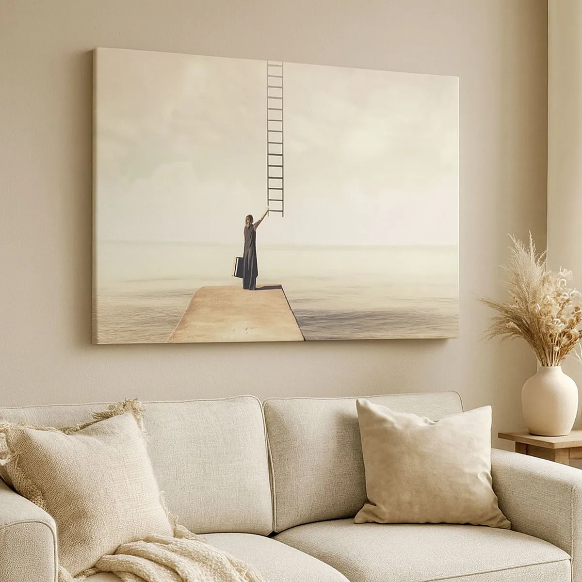 Impression sur toile - Image sur toile - Une femme debout sur une jetée avec une échelle menant au ciel - 70x50cm - Voyage magique - Décoration murale moderne pour le salon et la chambre ARTTOR