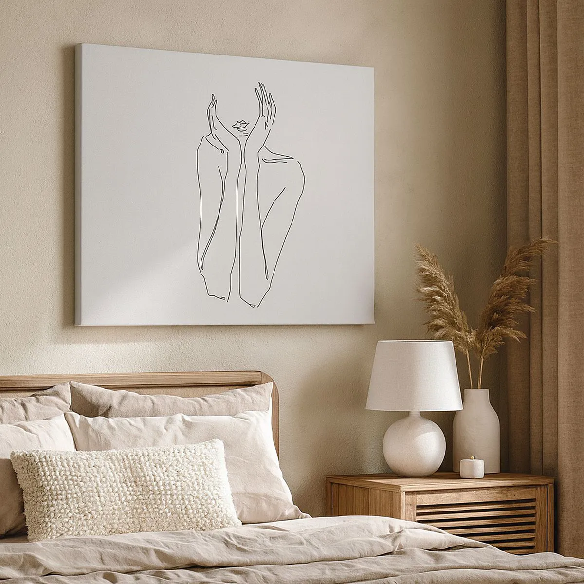 Obraz na płótnie - Minimalistyczny rysunek twarzy i dłoni linią - 100x70cm - O czym marzą dziewczyny - Nowoczesna dekoracja ścienna do salonu, kuchni i sypialni ARTTOR