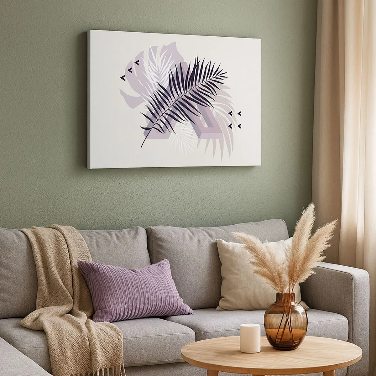 Quadro su tela - Stampe su Tela - Una composizione minimalista con foglie e forme geometriche - 70x50cm - L'ombra dell'ombra - Decorazione murale moderna per soggiorno e camera da letto ARTTOR