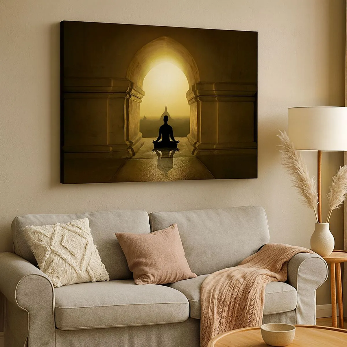 Tablou pe pânză Canvas - Silueta unei persoane care meditează în lumina soarelui care apune - 70x50cm - Armonie completă - Decorațiune modernă pentru perete pentru living și dormitor ARTTOR
