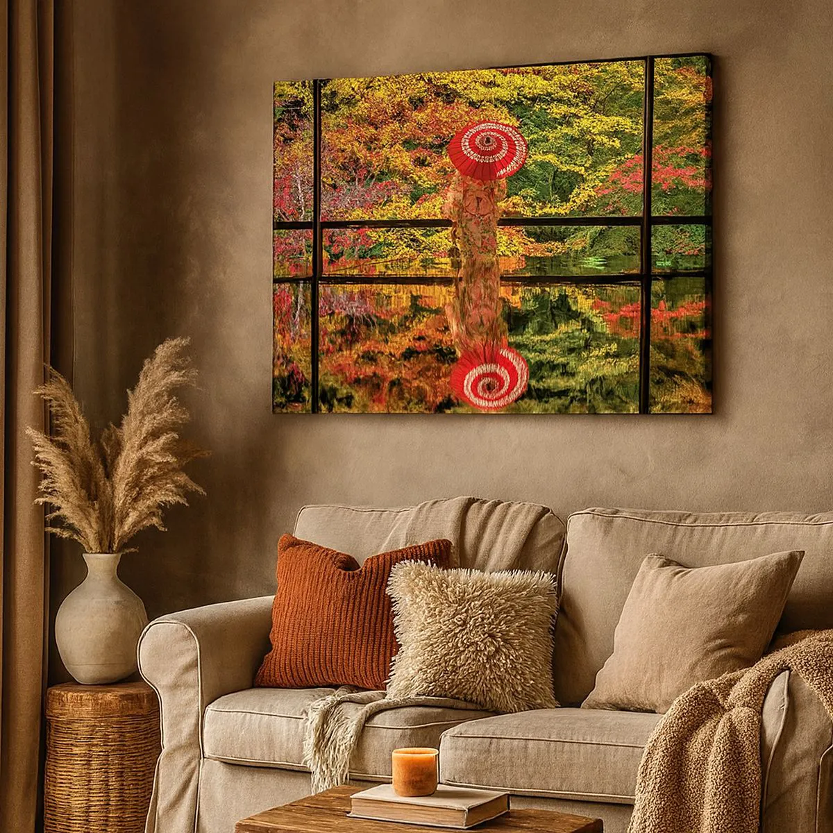 Quadro su tela - Stampe su Tela - Una donna in kimono con un ombrello sullo sfondo di un paesaggio autunnale. - 70x50cm - Nel tempio della natura - Decorazione murale moderna per soggiorno e camera da letto ARTTOR