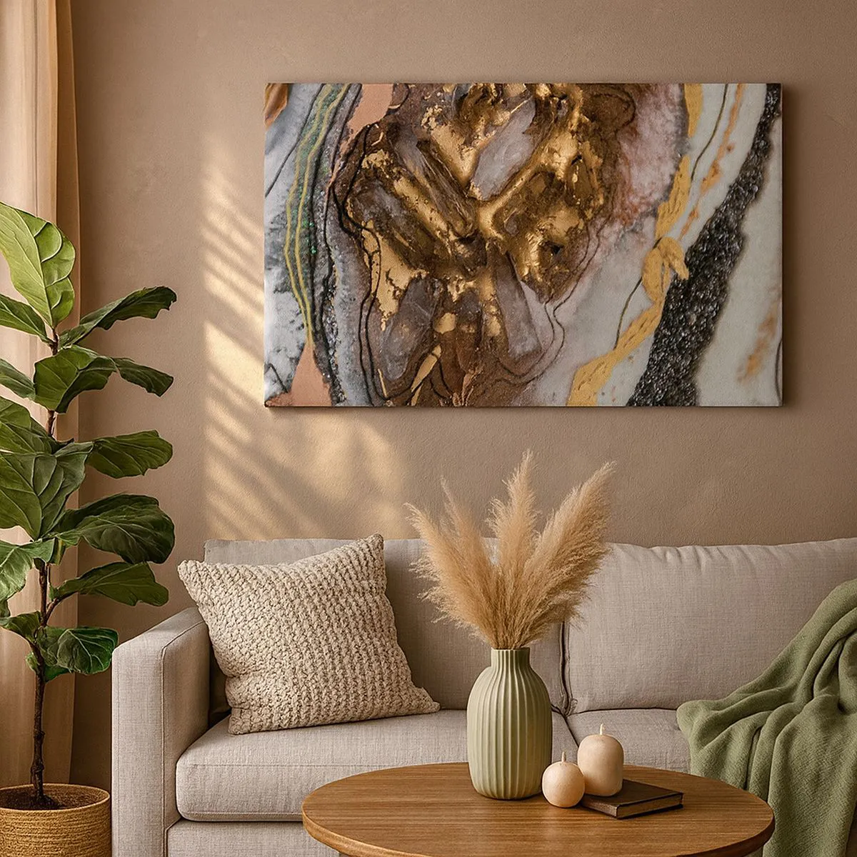 Bild auf Leinwand - Leinwandbild - Abstrakte Komposition mit Elementen aus Gold und Kristallen - 70x50cm - Das Element der Erde - Moderne Wanddekoration für Wohnzimmer und Schlafzimmer ARTTOR