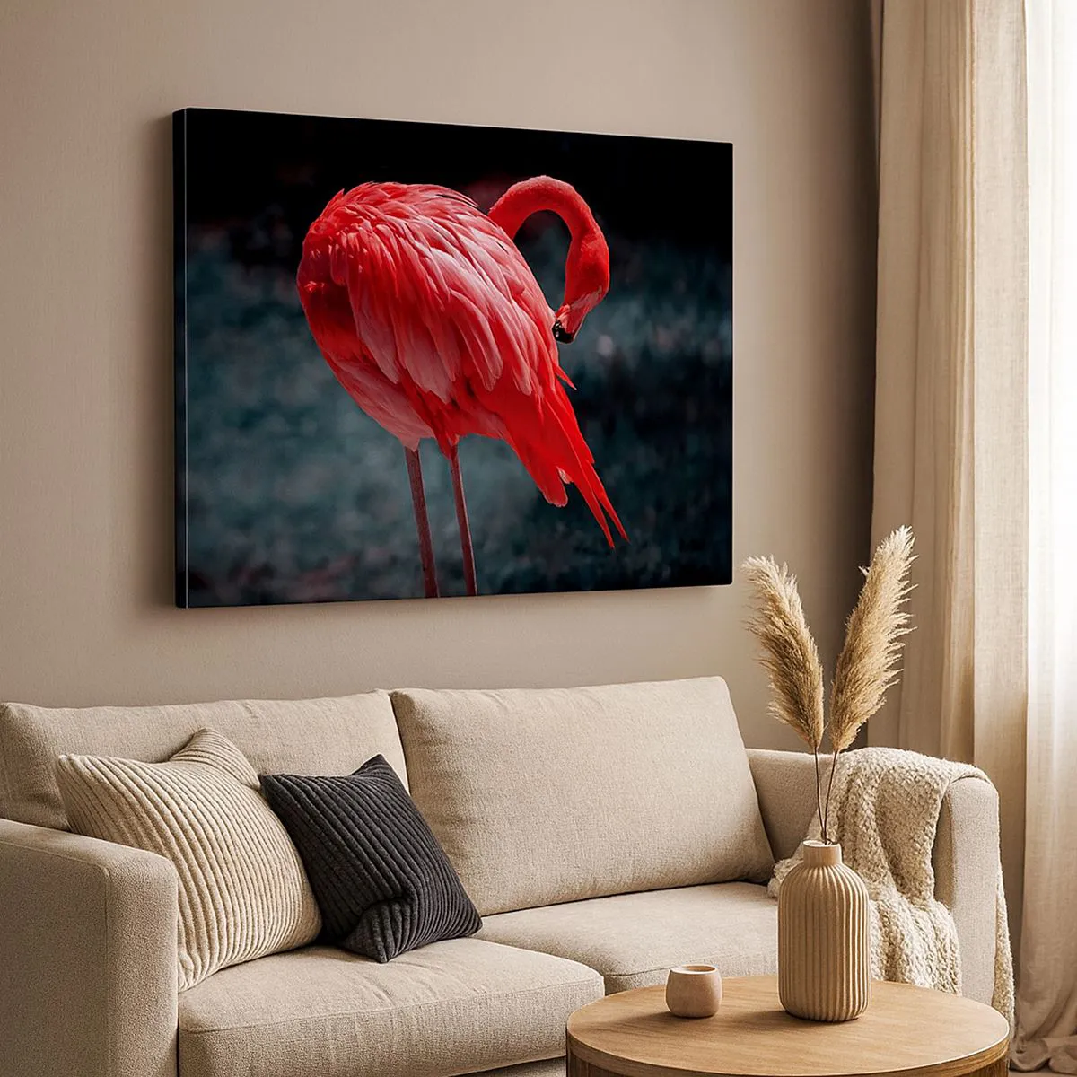 Lærredstryk - Billede på lærred - En lyserød flamingo på en mørkegrøn baggrund - 70x50cm - Et karmosinrødt naturdigt - Moderne vægdekoration til stue og soveværelse ARTTOR
