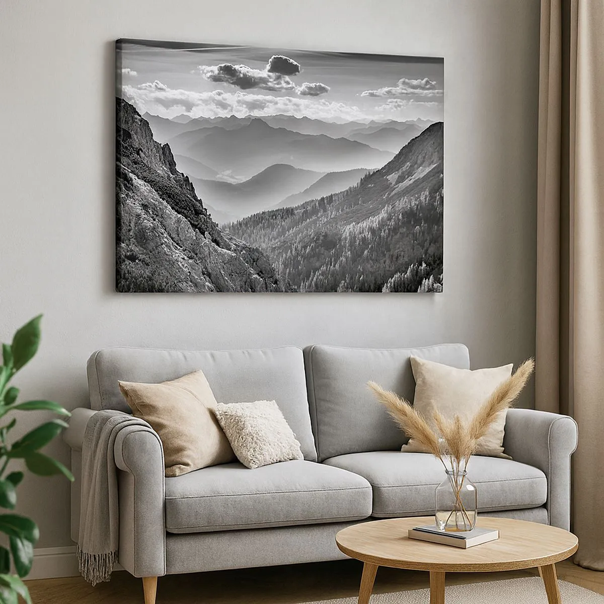 Quadro em tela - Paisagem montanhosa em preto e branco com nuvens sobre os picos - 70x50cm - Até ao horizonte - Decoração de parede moderna para a sala de estar e quarto ARTTOR