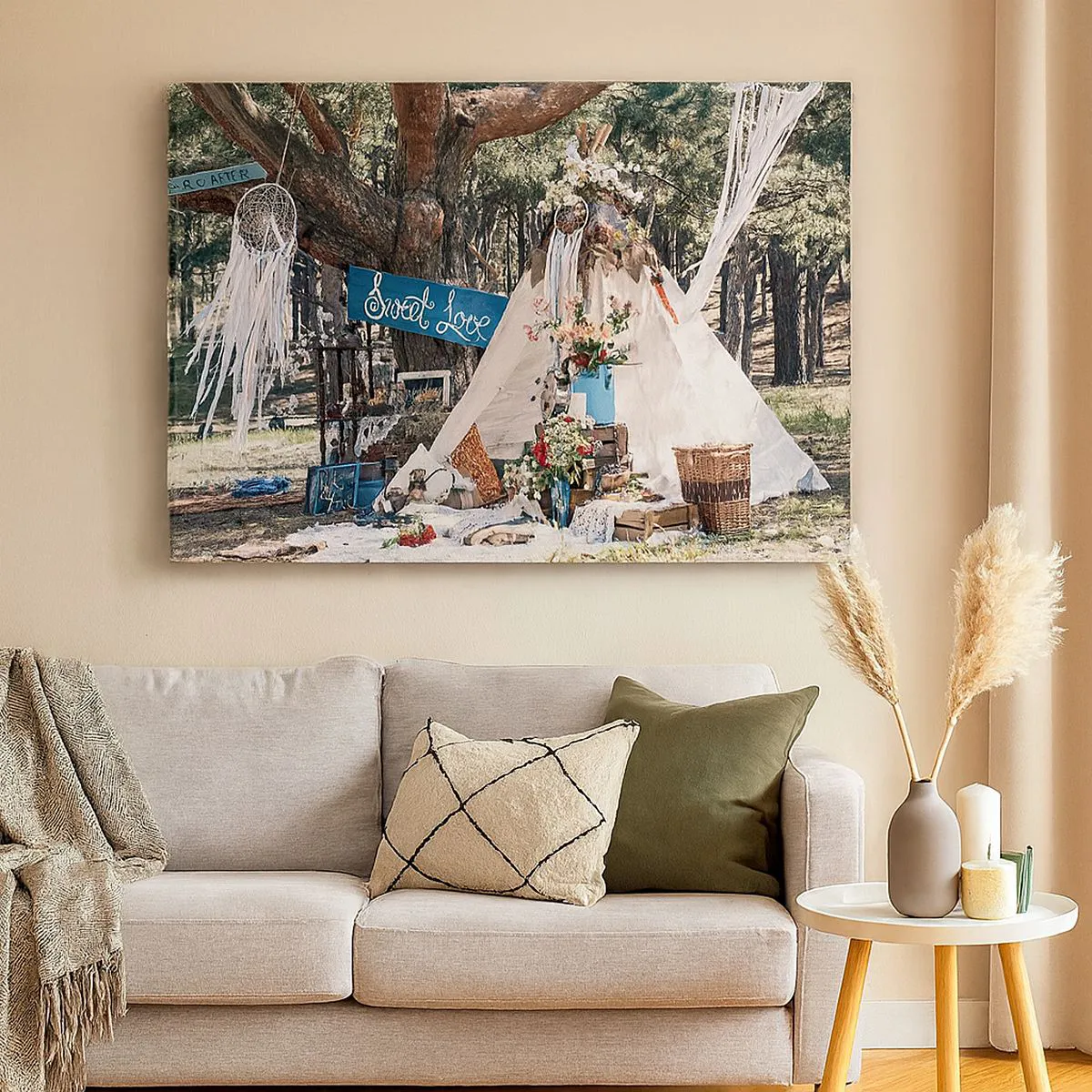 Cuadro sobre lienzo - Impresión de Imagen - Decoración boho con un tipi en el bosque - 70x50cm - Amor exótico - Decoración de pared moderna para salón y dormitorio ARTTOR