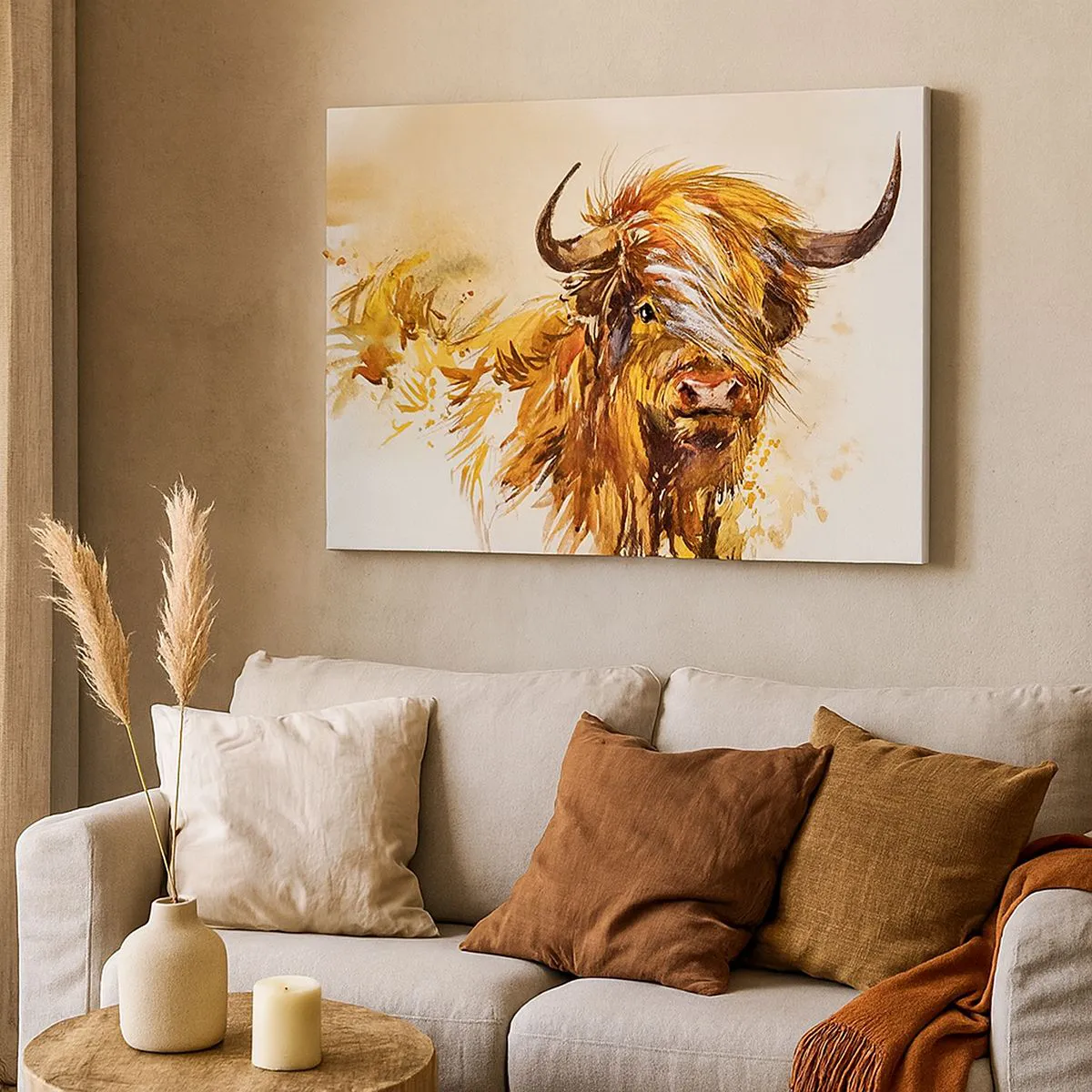 Cuadro sobre lienzo - Impresión de Imagen - Retrato de un toro en estilo artístico de acuarela. - 100x70cm - El orgullo del líder - Decoración de pared moderna para salón y dormitorio ARTTOR