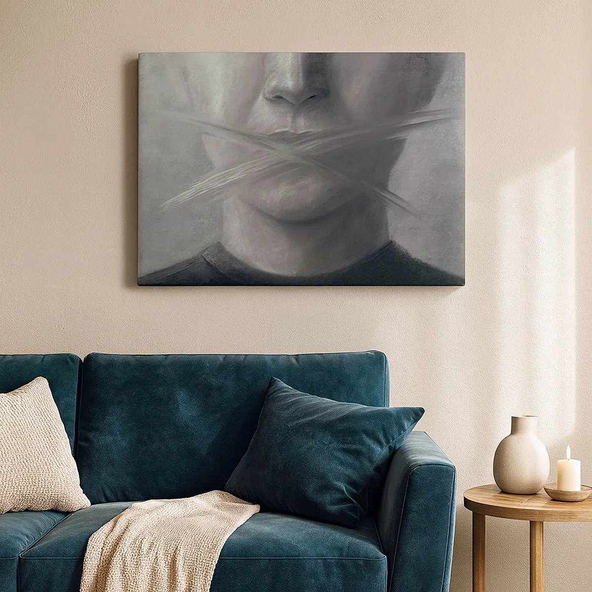 Impression sur toile - Image sur toile - Un portrait symbolique aux lèvres floues dans des tons gris. - 70x50cm - Sans mot - Décoration murale moderne pour le salon et la chambre ARTTOR