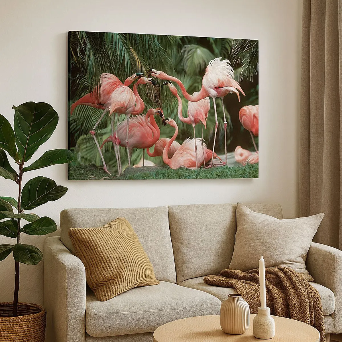 Impression sur toile - Image sur toile - Un groupe de flamants roses dans un cadre tropical entouré de palmiers - 70x50cm - Potins d'après-midi - Décoration murale moderne pour le salon et la chambre ARTTOR