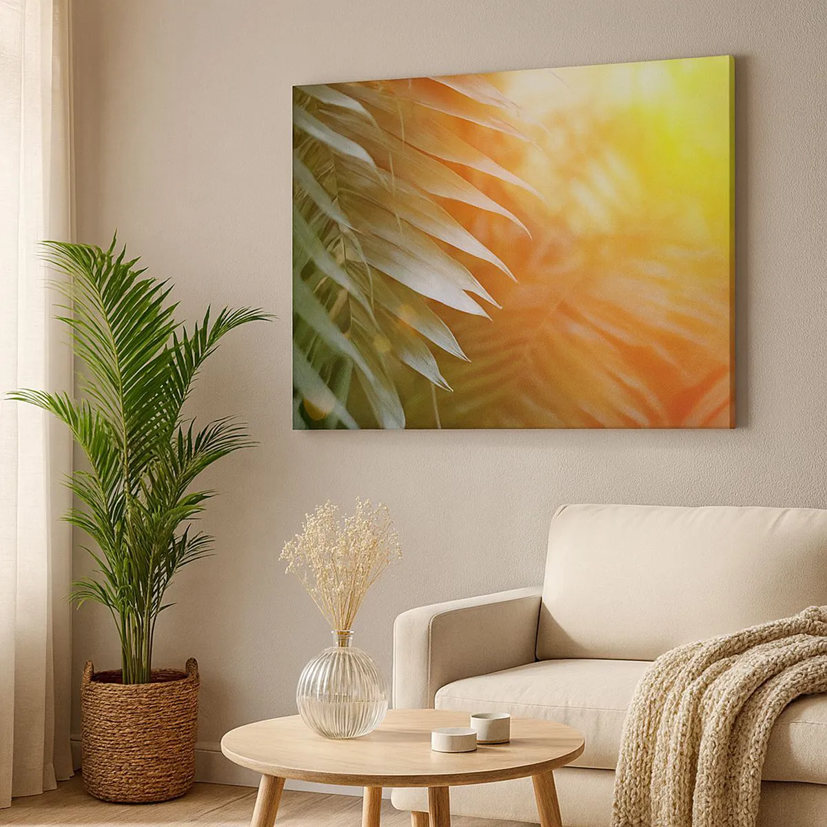 Obraz na plátně - Palmové listy v paprscích západu slunce - 70x50cm - Ráno v džungli - Moderní nástěnná dekorace do obývacího pokoje a ložnice ARTTOR