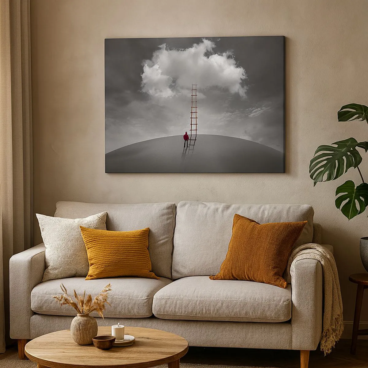 Schilderen op canvas - Een persoon in een rode jas en een ladder die naar een wolk leidt - 70x50cm - Alles is mogelijk - Moderne wanddecoratie voor woonkamer en slaapkamer ARTTOR