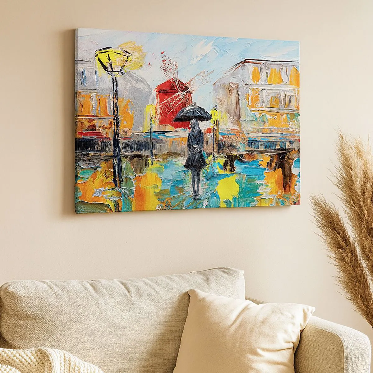 Tablou pe pânză Canvas - O scenă pitorească cu o umbrelă pe fundalul Parisului în culori vibrante. - 70x50cm - Legende pariziene - Decorațiune modernă pentru perete pentru living și dormitor ARTTOR
