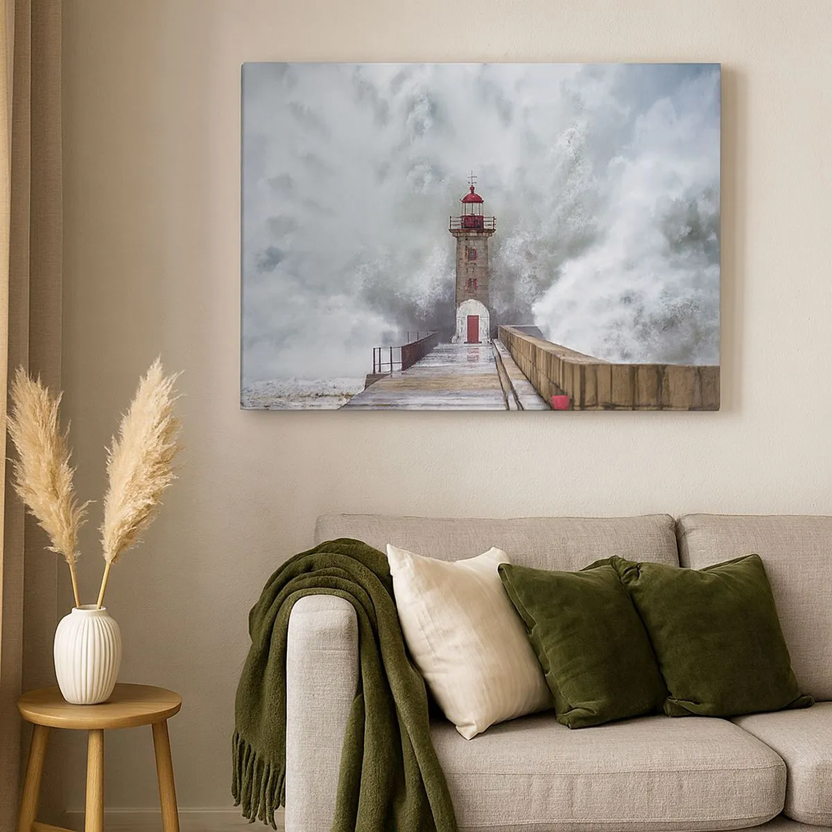 Quadro em tela - Um farol cercado por ondas fortes - 70x50cm - O rugido das águas, o som do vento - Decoração de parede moderna para a sala de estar e quarto ARTTOR