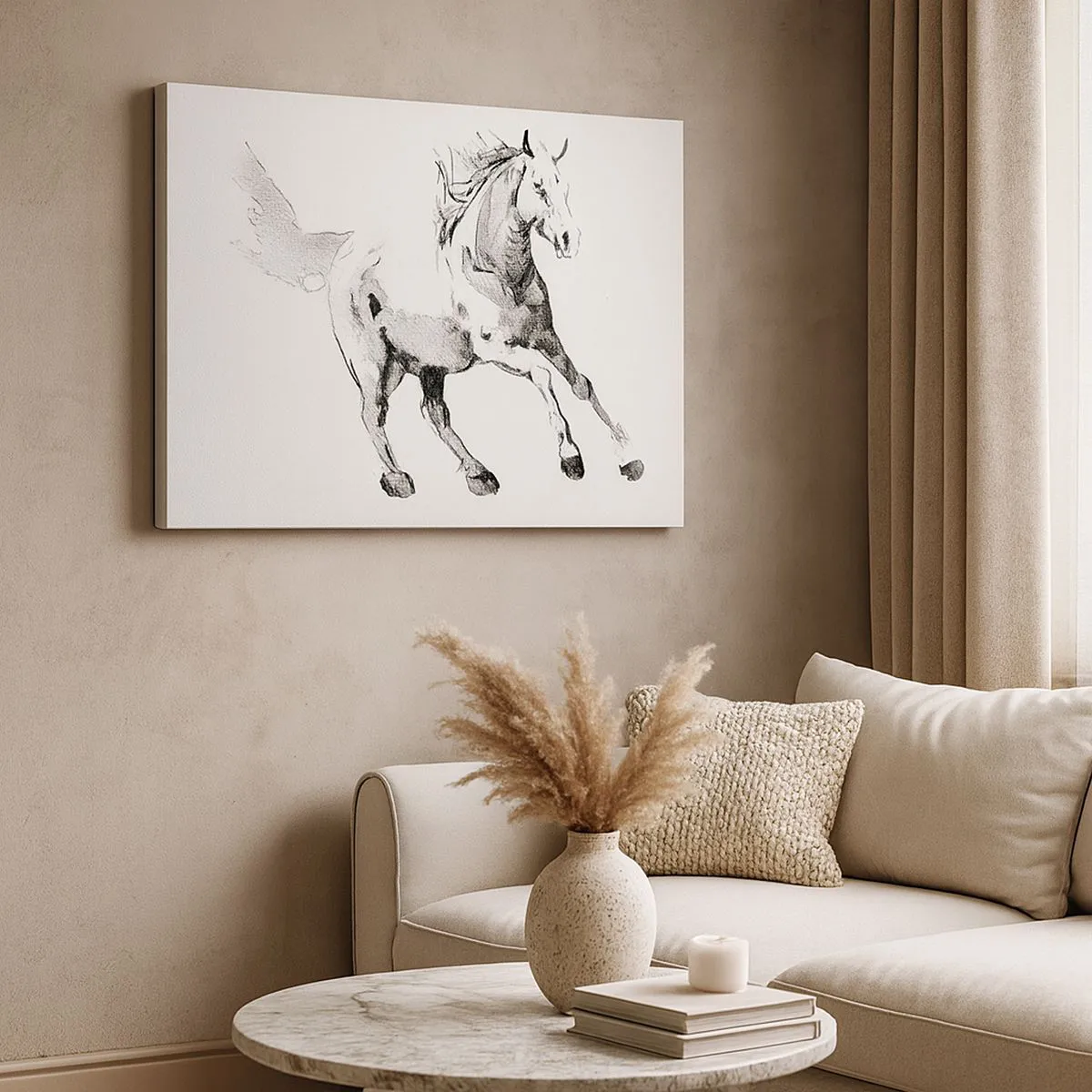 Impression sur toile - Image sur toile - Croquis d'un cheval au galop dans des tons de noir et blanc - 120x80cm - Âme indomptée - Décoration murale moderne pour le salon et la chambre ARTTOR