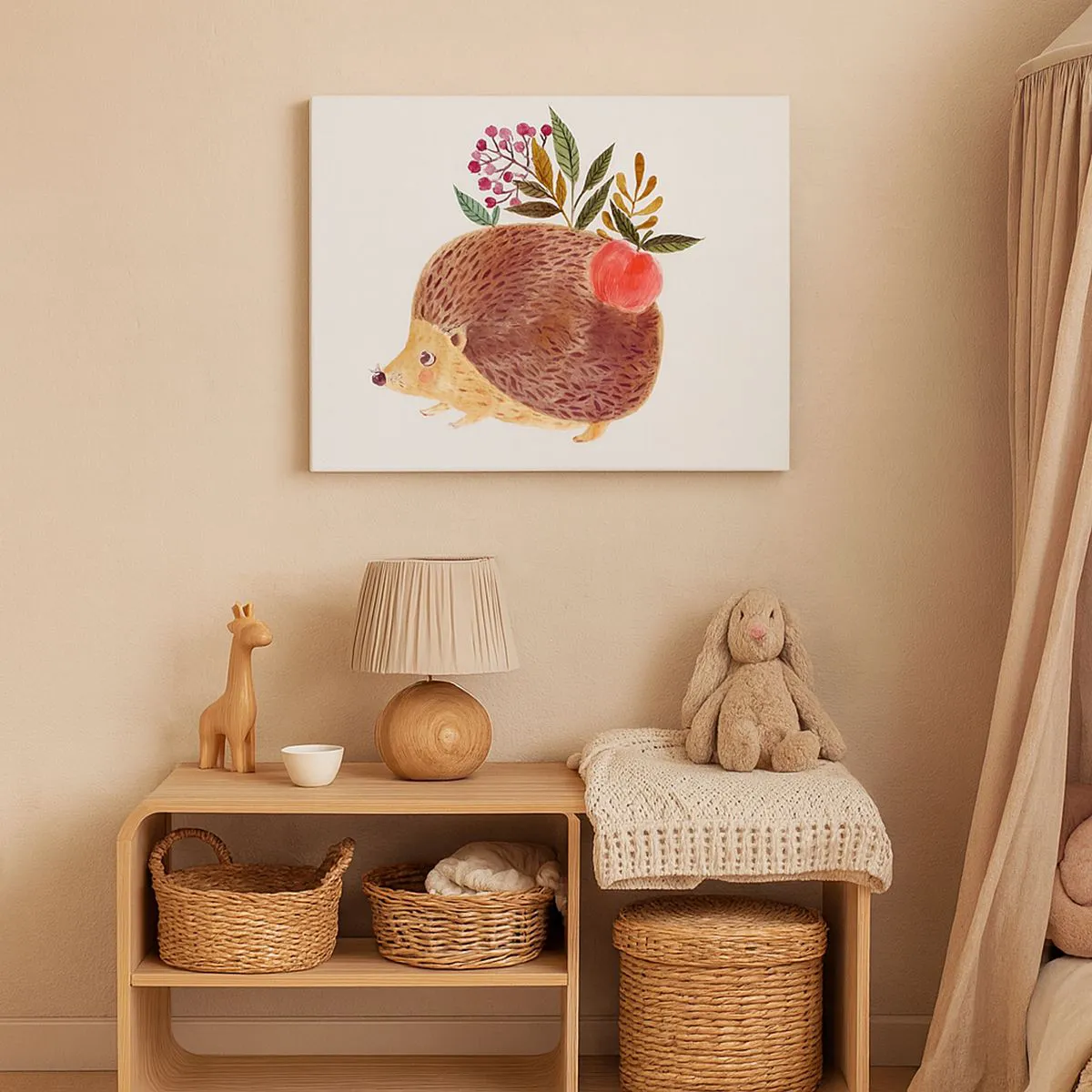 Quadro em tela - Um ouriço fofo com uma maçã e plantas em estilo ilustrativo - 70x50cm - Já gostas de mim - Decoração de parede moderna para a sala de estar e quarto ARTTOR