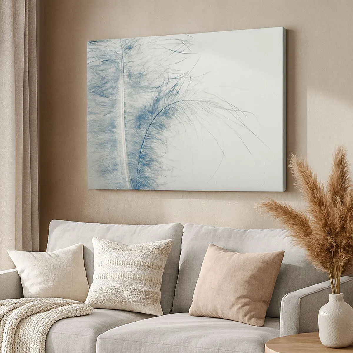 Canvastavla - Bild på duk - En delikat fjäder i pastellfärger mot en ljus bakgrund - 70x50cm - Naturens viskningar - Modern väggdekoration för vardagsrum och sovrum ARTTOR