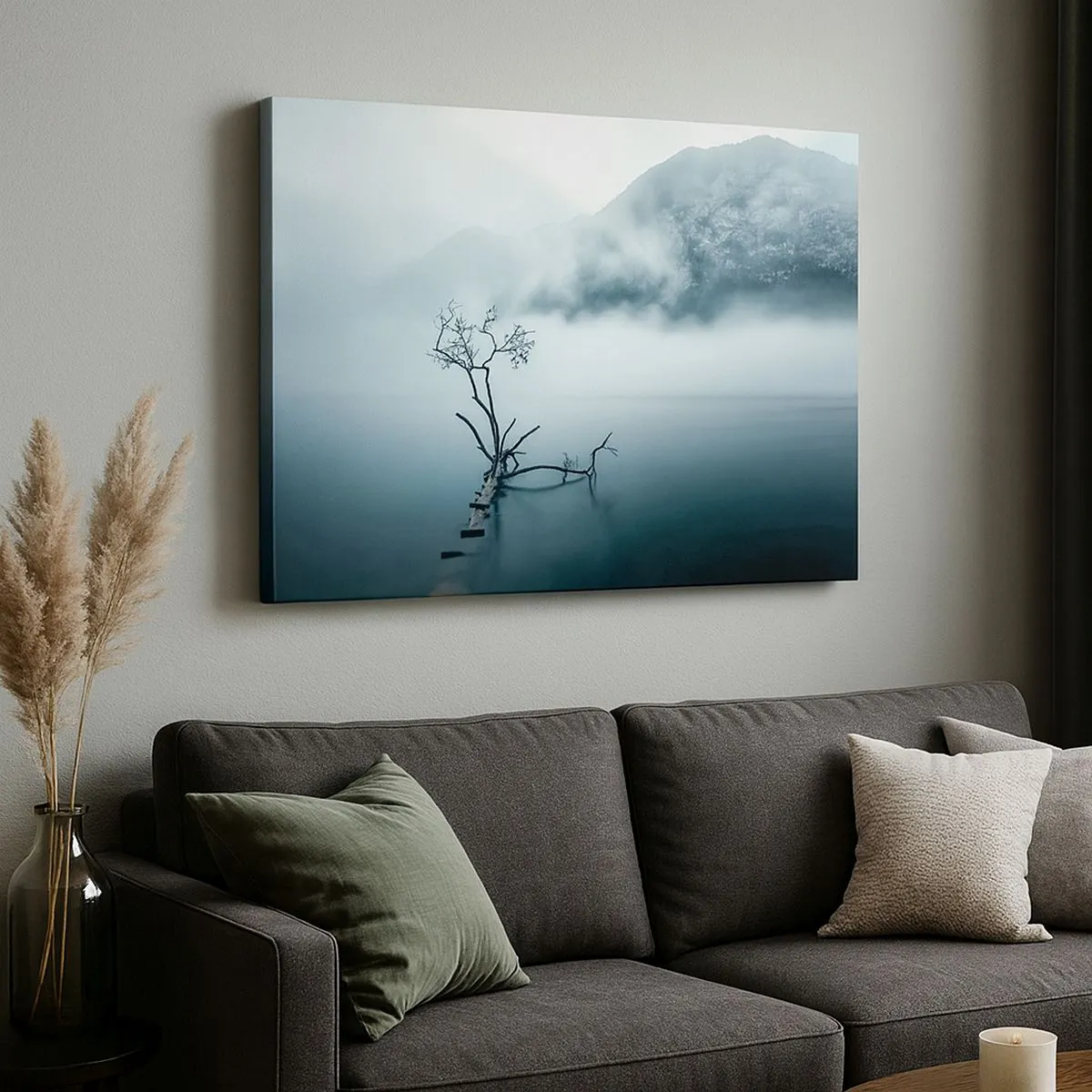 Canvas picture - A lonely tree in the water surrounded by fog and mountains - 70x50cm - From Water and Fog - Modern wall decoration for the living room and bedroom ARTTOR