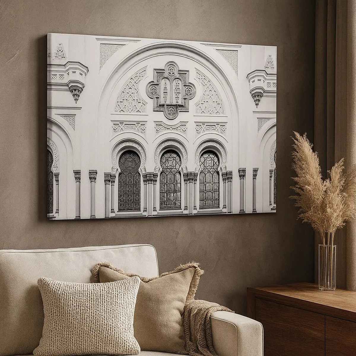 Tablou pe pânză Canvas - Detalii arhitecturale ale fațadei în stil monocromatic - 70x50cm - La granița dintre culturi - Decorațiune modernă pentru perete pentru living și dormitor ARTTOR