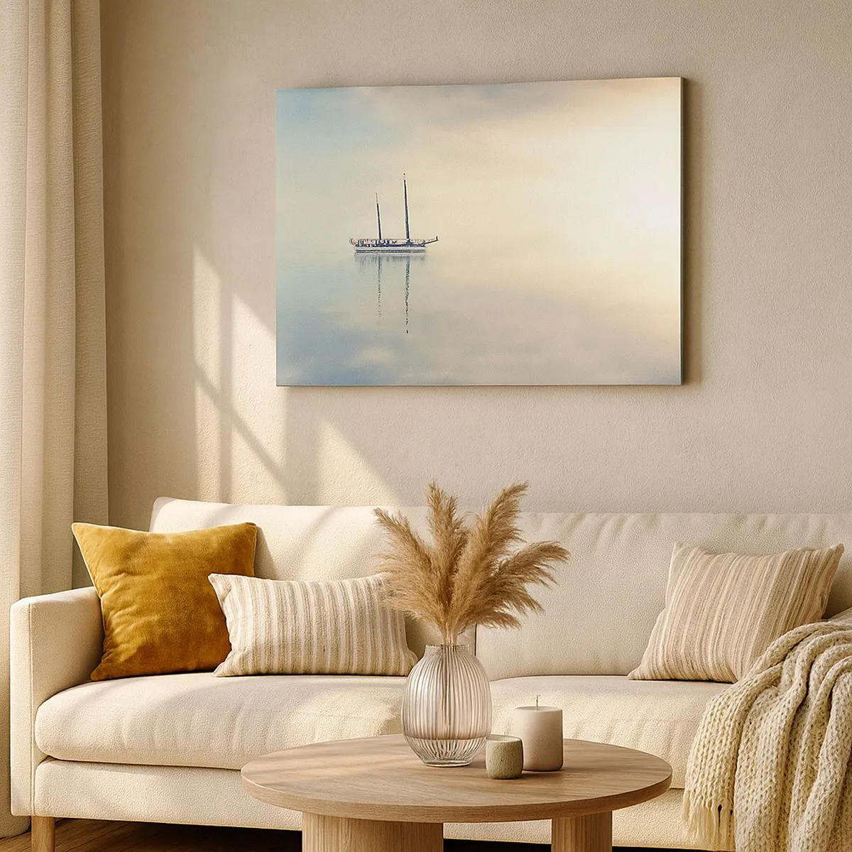 Impression sur toile - Image sur toile - Un bateau sur une mer calme dans une douce lumière - 120x80cm - Dans une mer de silence - Décoration murale moderne pour le salon et la chambre ARTTOR