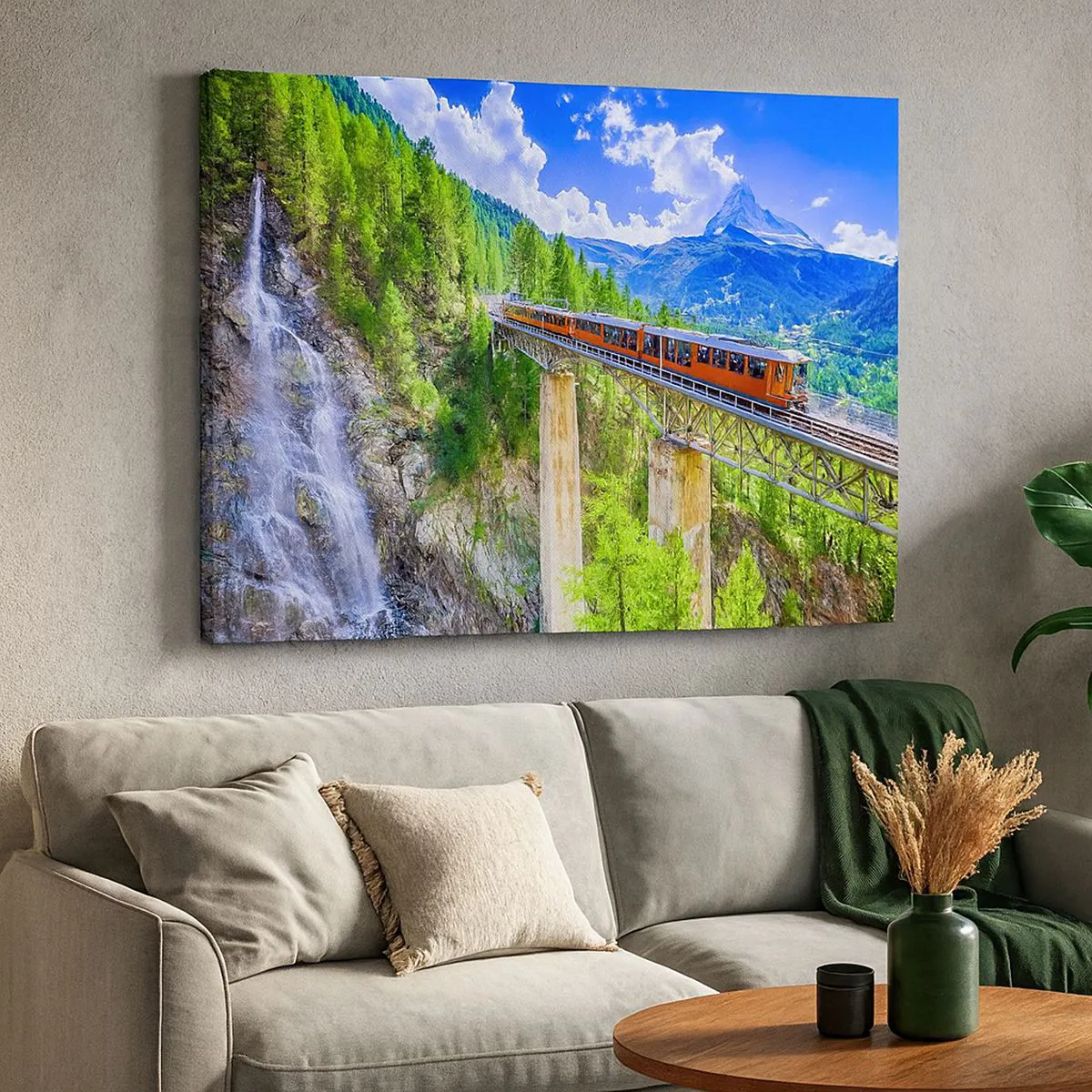 Quadro em tela - Uma montanha-russa em uma ponte com vista para uma cachoeira e montanhas - 70x50cm - Hora dos Alpes - Decoração de parede moderna para a sala de estar e quarto ARTTOR