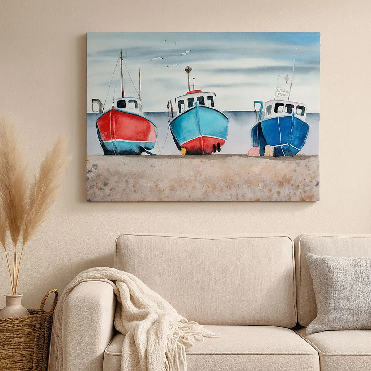 Bild auf Leinwand - Leinwandbild - Bunte Fischerboote am Ufer in einer Meereslandschaft - 70x50cm - Bereit zum Fang - Moderne Wanddekoration für Wohnzimmer und Schlafzimmer ARTTOR