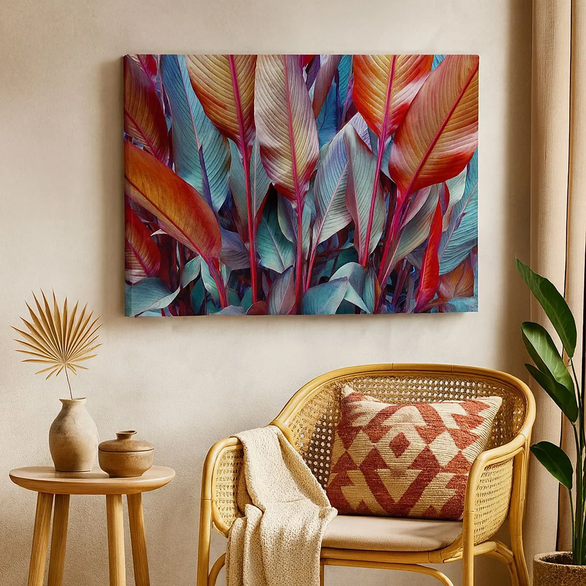 Canvastavla - Bild på duk - Färgglada blad av tropiska växter i snåret - 70x50cm - En färgglad tätskog - Modern väggdekoration för vardagsrum och sovrum ARTTOR