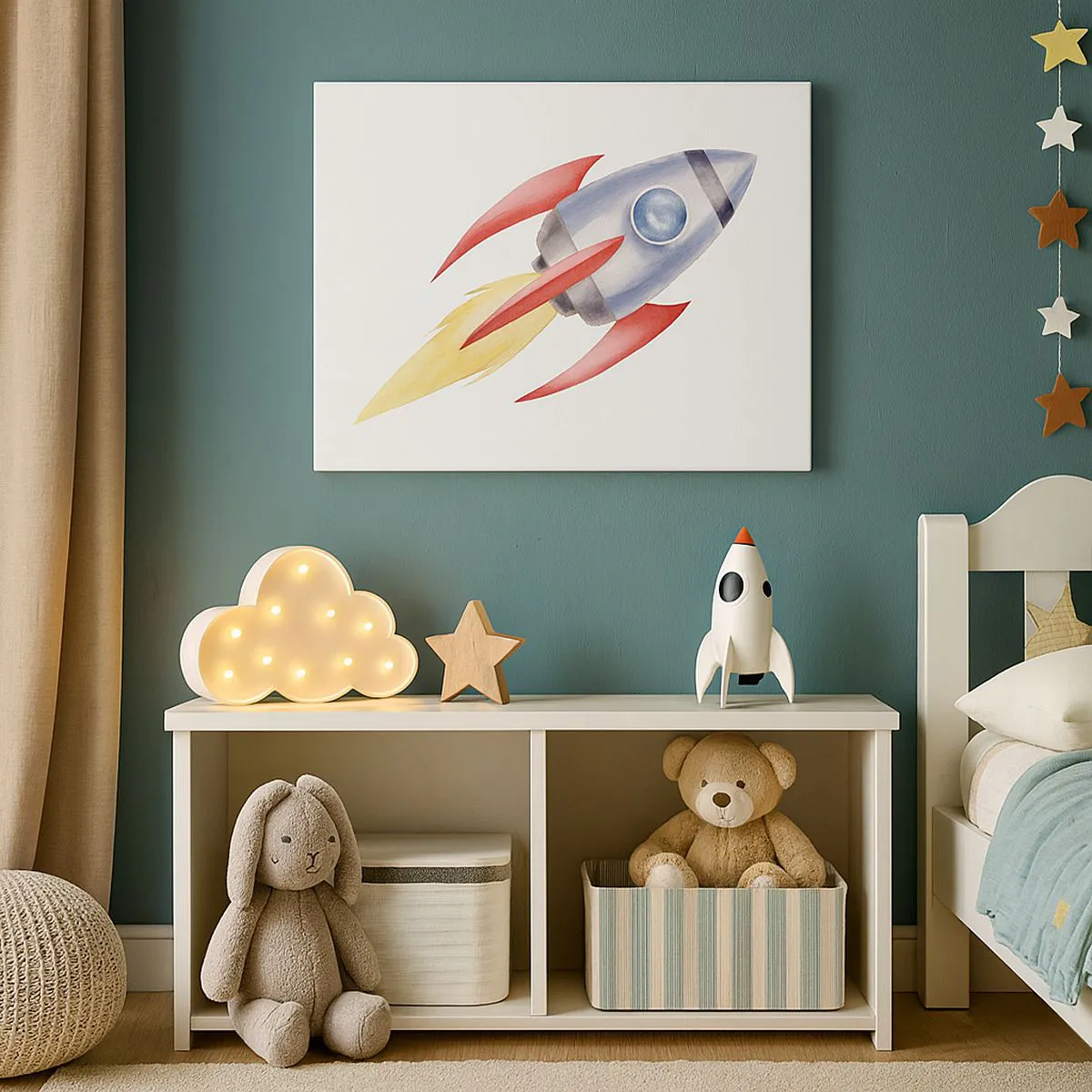 Quadro su tela - Stampe su Tela - Razzo in stile acquerello su sfondo bianco - 70x50cm - Più in alto, più veloce, più lontano - Decorazione murale moderna per soggiorno e camera da letto ARTTOR