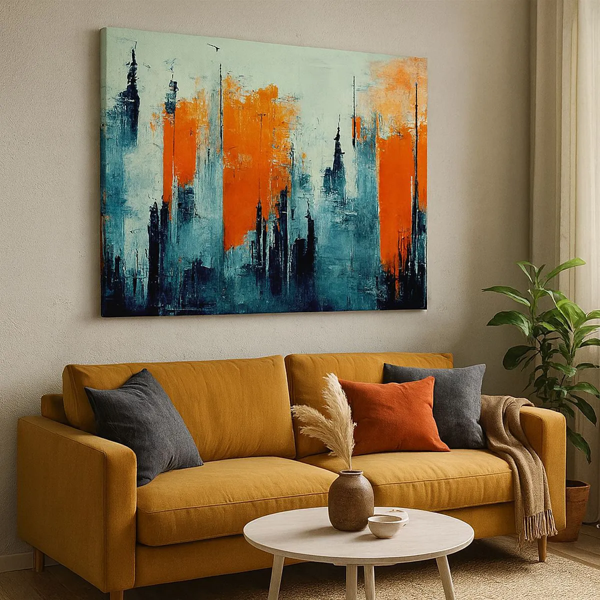 Lærredstryk - Billede på lærred - Abstrakt bybillede i orange og blå nuancer - 70x50cm - Moderne landskab - Moderne vægdekoration til stue og soveværelse ARTTOR