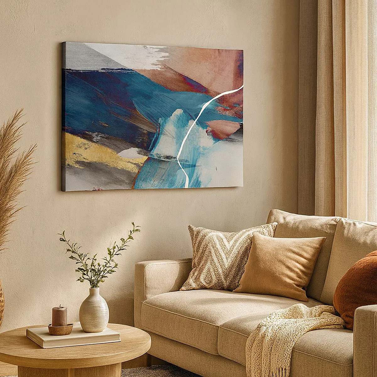 Tablou pe pânză Canvas - Pensule abstracte în nuanțe de albastru și auriu - 70x50cm - Cu fler și energie - Decorațiune modernă pentru perete pentru living și dormitor ARTTOR