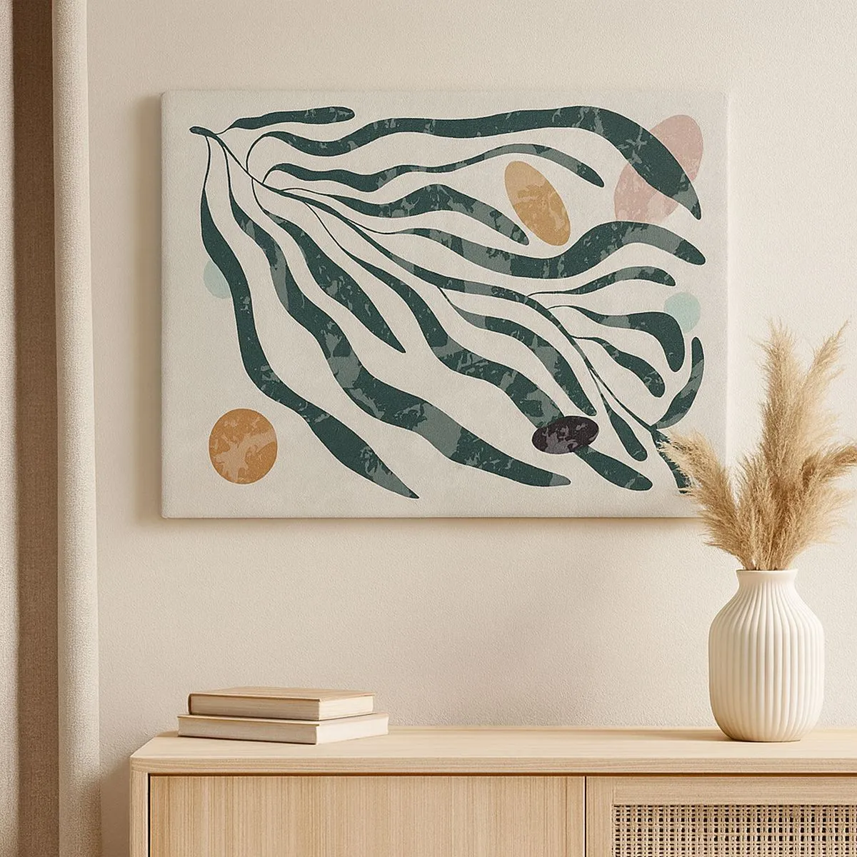 Lærredstryk - Billede på lærred - Organiske linjer og former i grønt og beige - 70x50cm - Blandt det grønne - Moderne vægdekoration til stue og soveværelse ARTTOR