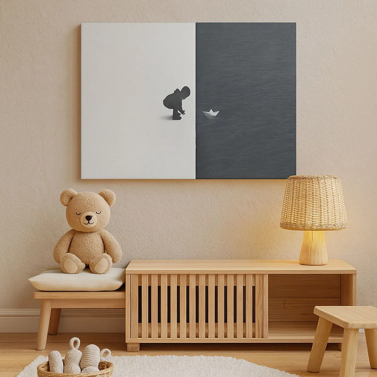 Tablou pe pânză Canvas - Figurină de copil cu o barcă de hârtie pe un fundal de jumătăți contrastante - 70x50cm - Marea expediție - Decorațiune modernă pentru perete pentru living și dormitor ARTTOR
