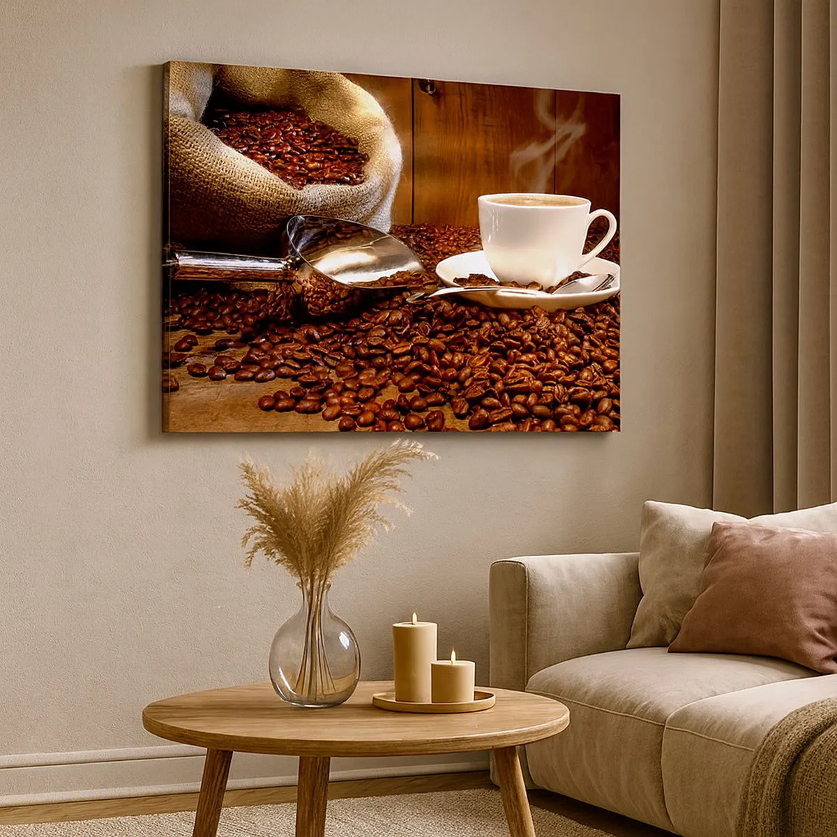 Bild auf Leinwand - Leinwandbild - Eine Tasse Kaffee mit Kaffeebohnen und einem Getreidesack im Hintergrund - 120x80cm - Fühlst du diesen Geruch? - Moderne Wanddekoration für Wohnzimmer und Schlafzimmer ARTTOR