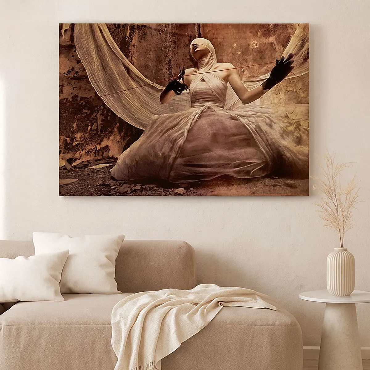 Bild auf Leinwand - Leinwandbild - Eine Frau in einem Kleid mit bedecktem Gesicht und einer Schere in den Händen - 70x50cm - Göttin des Schicksals - Moderne Wanddekoration für Wohnzimmer und Schlafzimmer ARTTOR