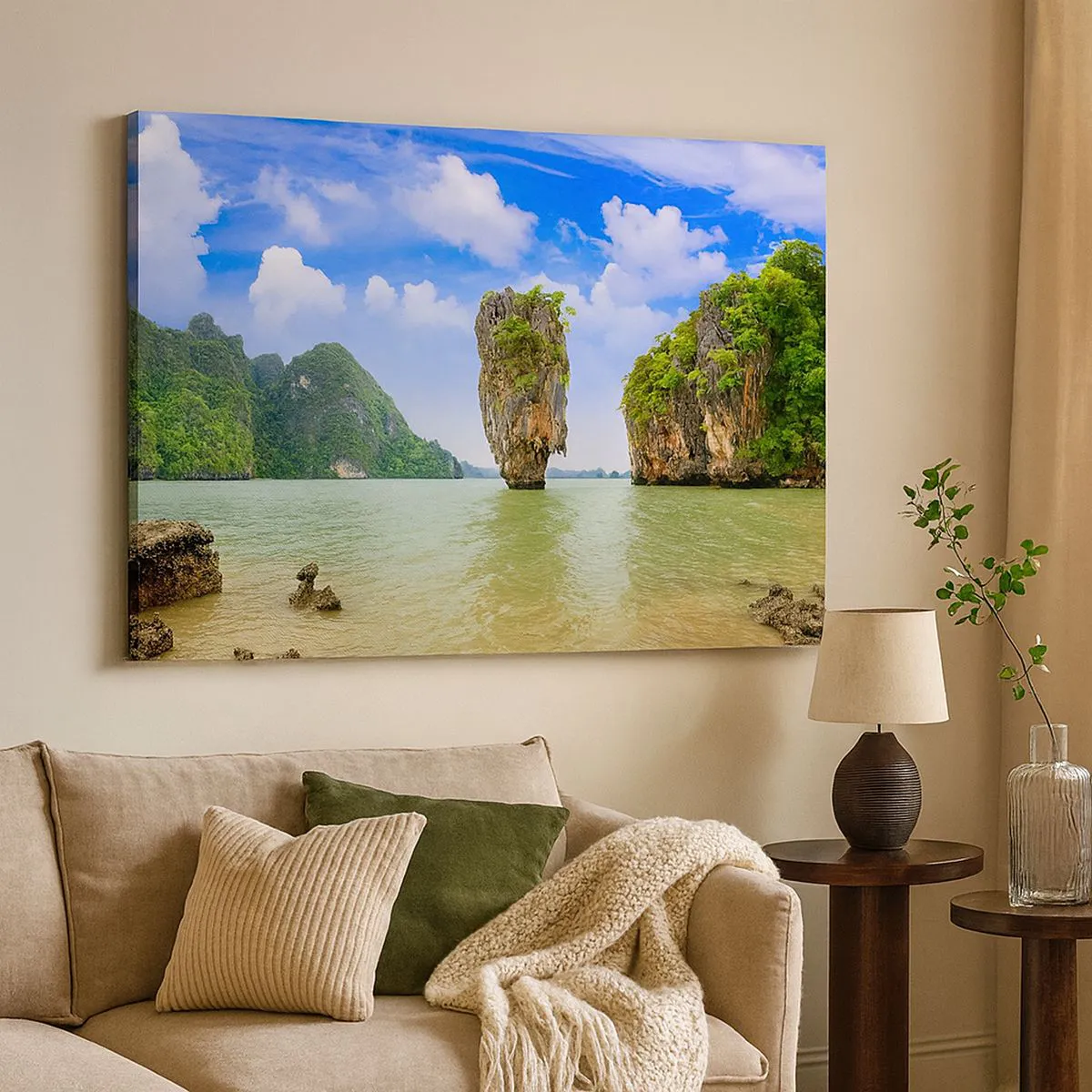 Bild auf Leinwand - Leinwandbild - Eine exotische Felsformation, umgeben von Wasser und Grün unter einem blauen Himmel. - 70x50cm - Felsige Wunder der Natur - Moderne Wanddekoration für Wohnzimmer und Schlafzimmer ARTTOR