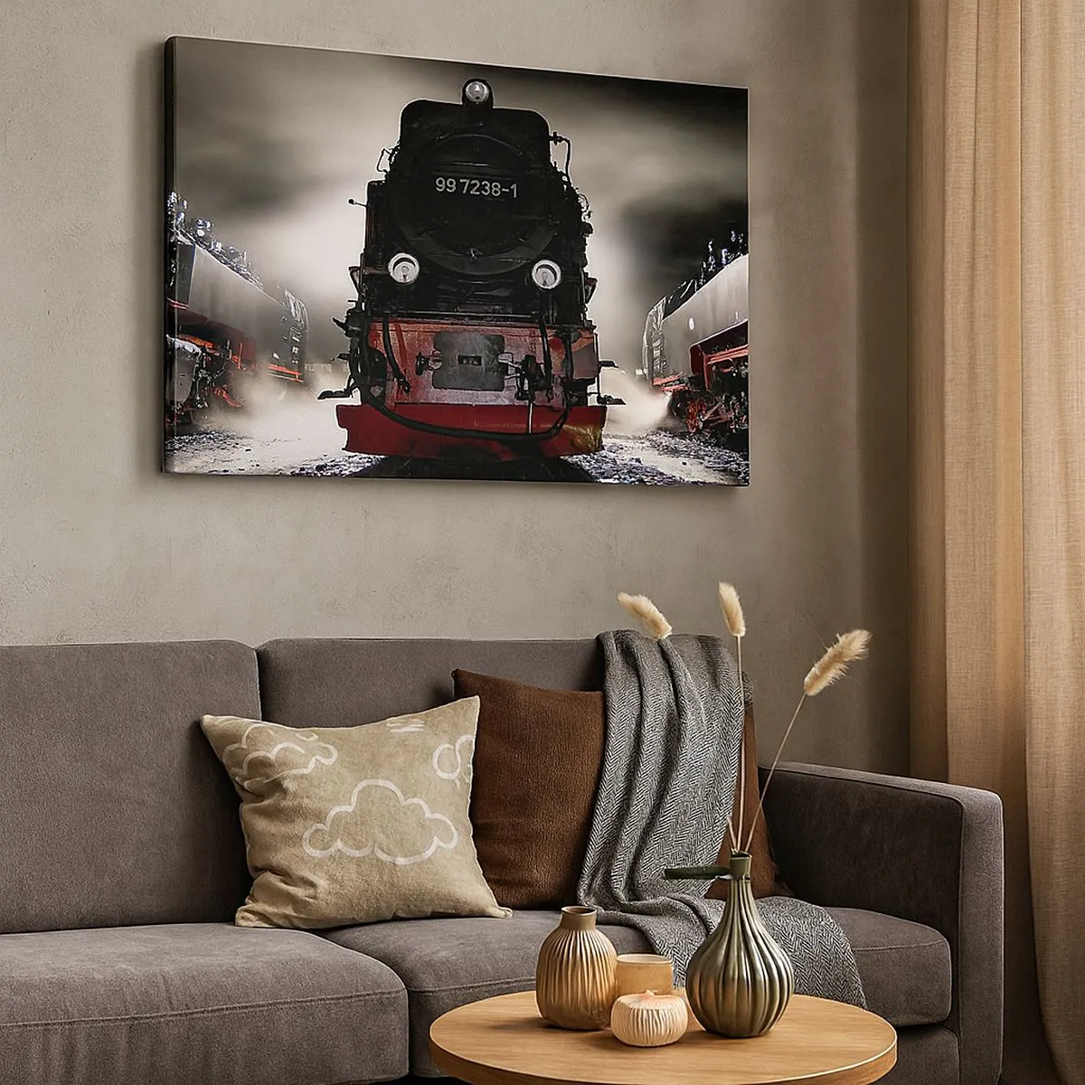 Impression sur toile - Image sur toile - Une locomotive à vapeur entourée de vapeur sur un ciel sombre dans un décor atmosphérique - 100x70cm - Il se lève et siffle, halète et souffle - Décoration murale moderne pour le salon et la chambre ARTTOR