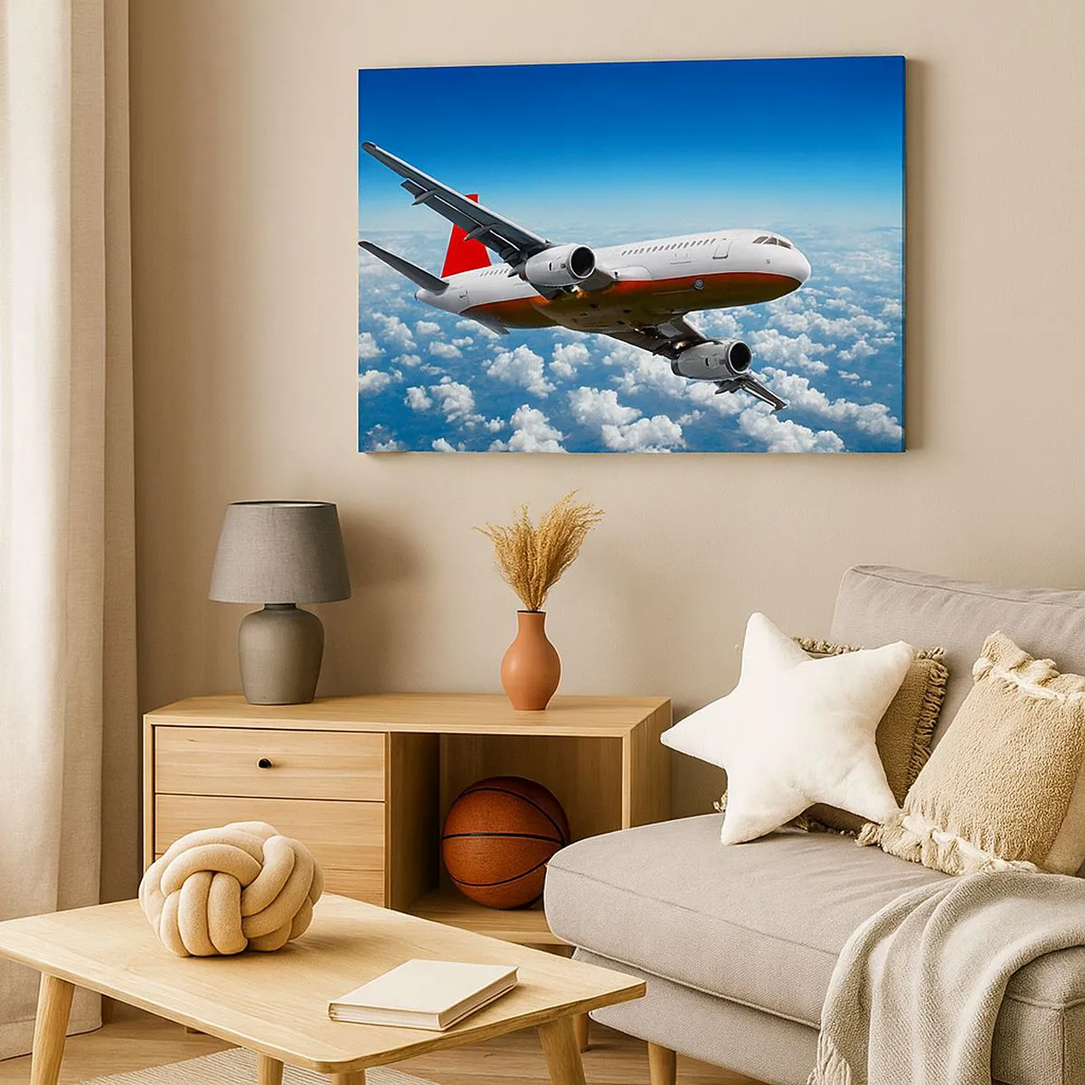 Lærredstryk - Billede på lærred - Et passagerfly, der flyver over skyerne mod en blå himmel. - 70x50cm - Kom væk fra det hele - Moderne vægdekoration til stue og soveværelse ARTTOR